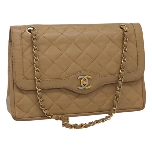 CHANEL Matelasse Chain Hand Bag Lamb Skin Paris limited Beige CC - Picture 1 of 14